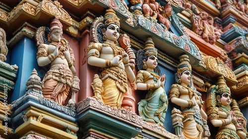 The detailed carvings and statues on a temple