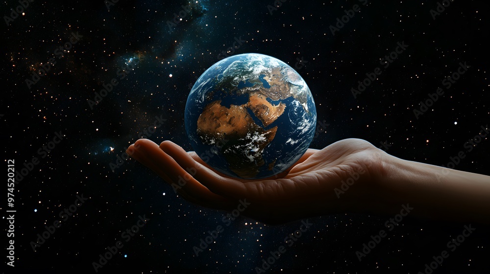 Hand Balancing Earth on Fingertips: A hand balancing the Earth delicately on the fingertips, against a black background dotted with stars.
Hand Balancing Earth on Fingertips: A hand balancing the Earth delicately on the fingertips, against a black background dotted with stars.