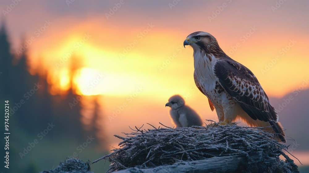 Fototapeta premium A majestic shot of a hawk and its chick in their nest, capturing the protective bond in the wild, set against a sky at dusk.