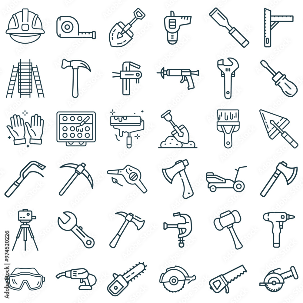 Obraz premium Set of 36 Industrial Tools and Construction Equipment Editable Line Icons. Vector Illustration. Part 1