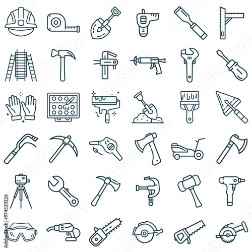 Set of 36 Industrial Tools and Construction Equipment Editable Line Icons. Vector Illustration. Part 1