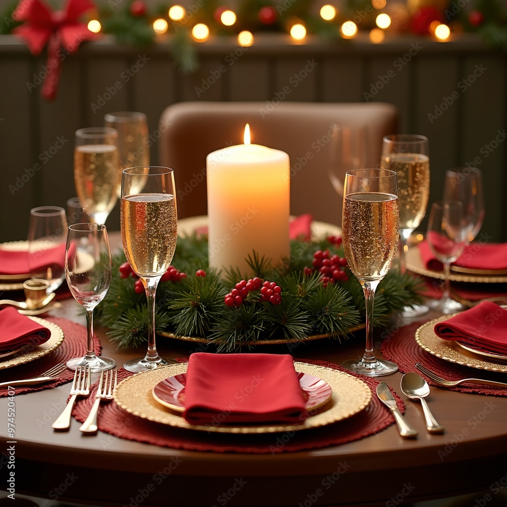 Festive Christmas table with red gold and silver accents champagne glasses and a candle centerpiece Festive Christmas table with red gold and silver accents champagne glasses and a candle centerpiece