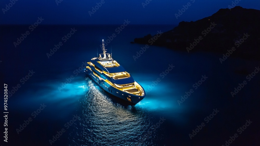 Aerial panoramic view of luxury mega yacht with night illumination, long exposure, tall masts, boat is moored in sea Aerial panoramic view of luxury mega yacht with night illumination, long exposure, tall masts, boat is moored in sea