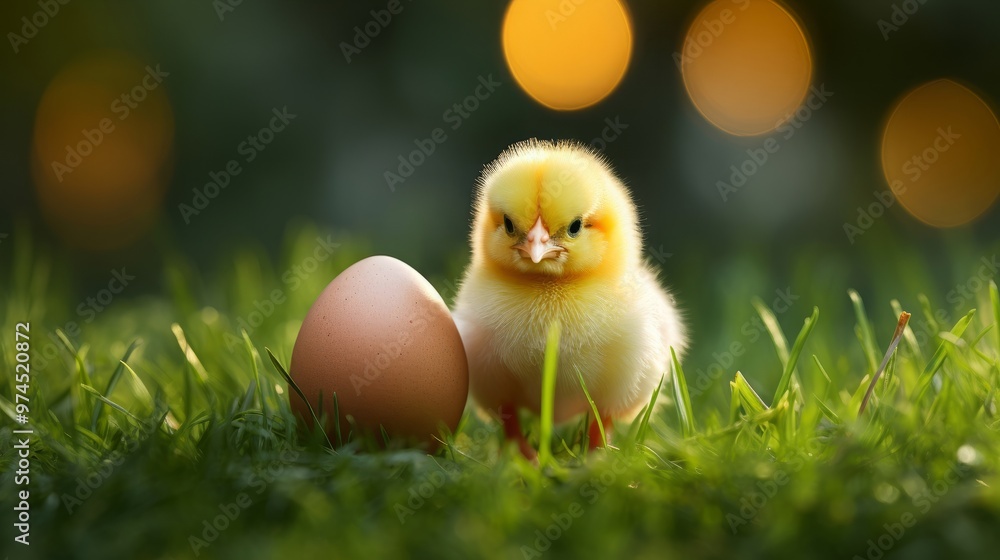 Little chicken and egg on the grass Little chicken and egg on the grass