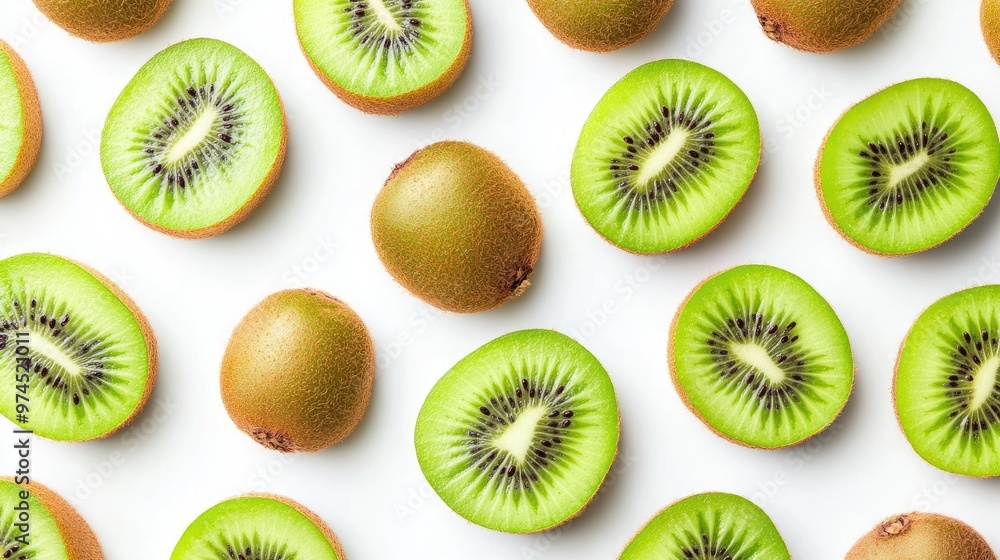 Whole and sliced kiwis spread across a white background, their green flesh and brown skin creating a bold, fresh contrast. Whole and sliced kiwis spread across a white background, their green flesh and brown skin creating a bold, fresh contrast.