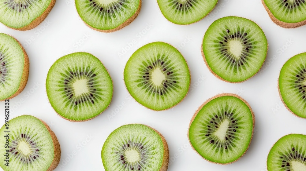 Fototapeta premium Whole and sliced kiwis spread across a white background, their green flesh and brown skin creating a bold, fresh contrast.