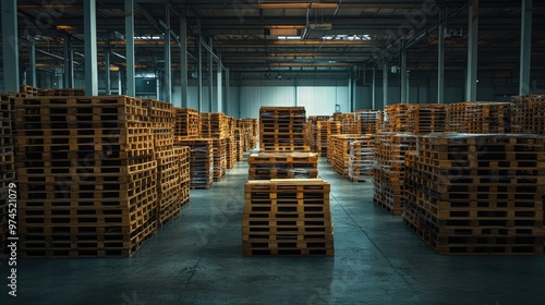 Wallpaper Mural Wide shot of wooden shipping pallets arranged systematically in a large warehouse. Torontodigital.ca