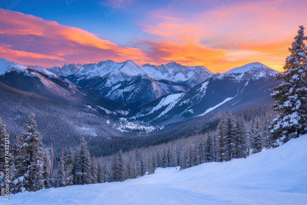 Fototapeta premium Snowy Mountain Range with Pink Sunset and Forest