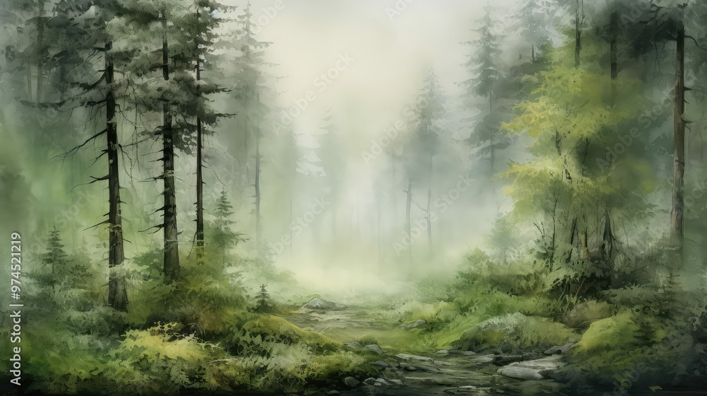 Fototapeta premium misty forest green water color