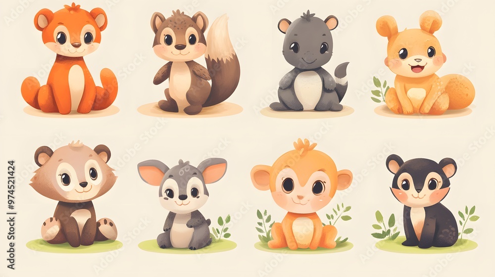 Fototapeta premium Eight Adorable Cartoon Animals Sitting on a Light Brown Background