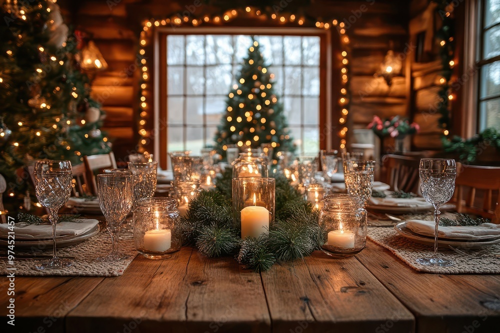 cozy christmas dining room rustic wooden table with elegant place settings twinkling lights and pine garland warmly lit tree visible through doorway cozy christmas dining room rustic wooden table with elegant place settings twinkling lights and pine garland warmly lit tree visible through doorway