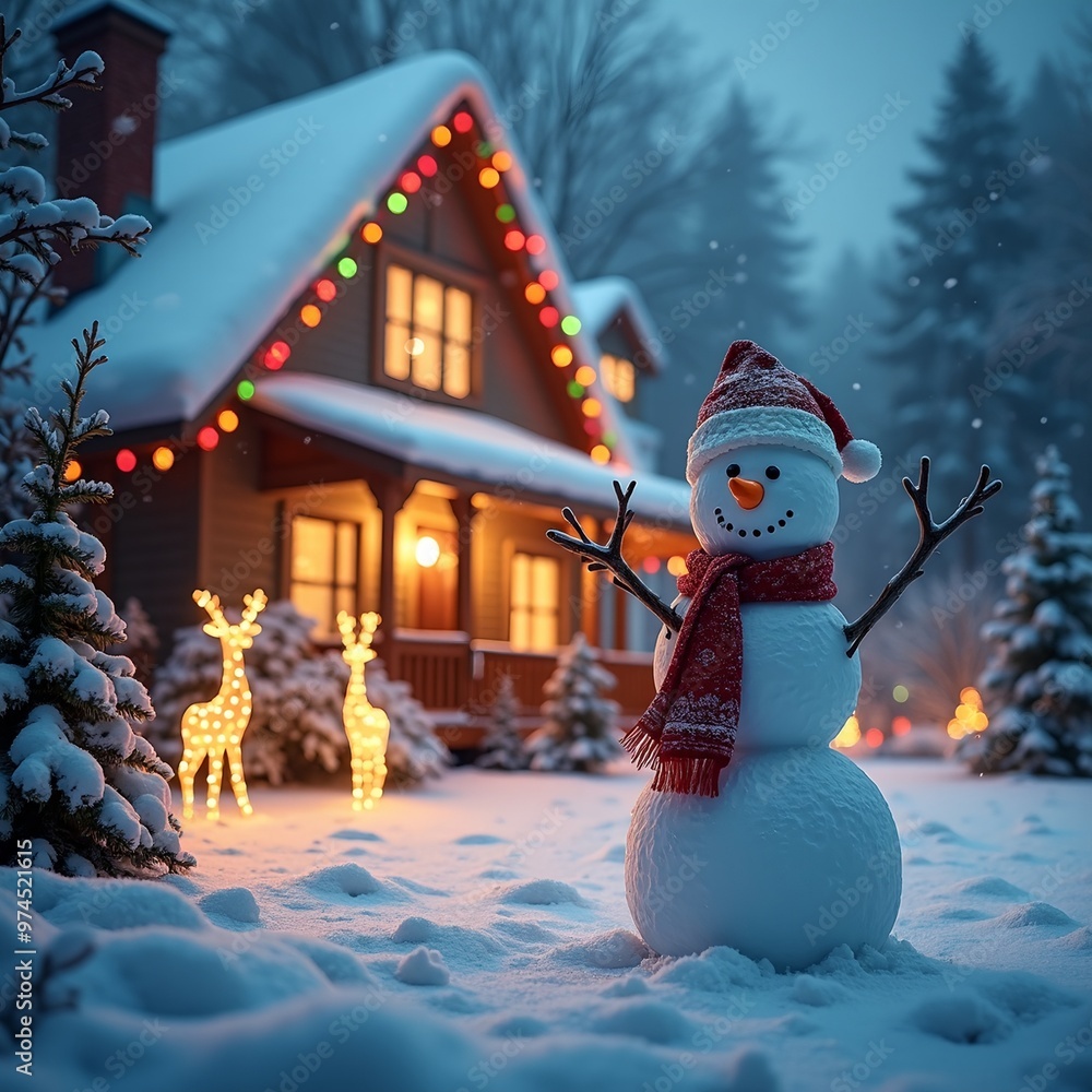 Obraz premium Cozy winter house with Christmas decorations and snowman in snowy night scene