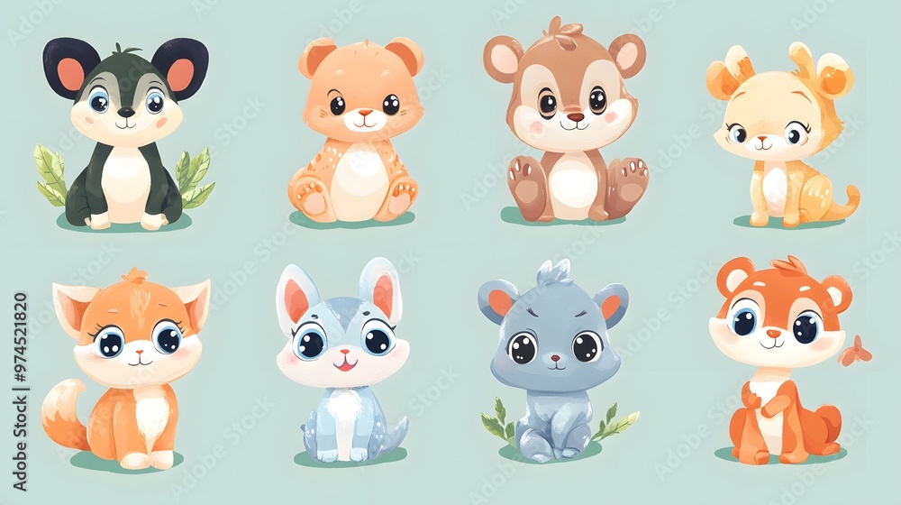 Adorable Cartoon Animals with Big Eyes and Soft Features Adorable Cartoon Animals with Big Eyes and Soft Features