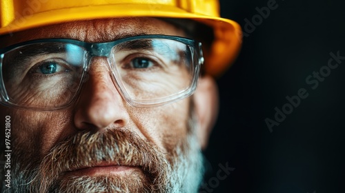 A worker wearing a yellow hard hat intensely focusing at the construction site, emphasizing safety and dedication in the professional environment they are in.