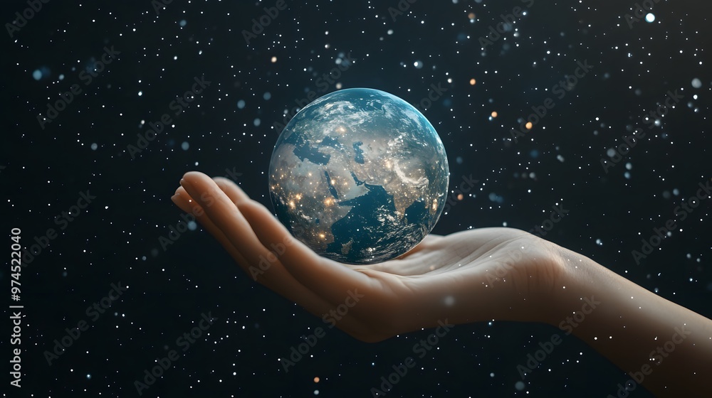 Hand Balancing Earth on Fingertips: A hand balancing the Earth delicately on the fingertips, against a black background dotted with stars.
Hand Balancing Earth on Fingertips: A hand balancing the Earth delicately on the fingertips, against a black background dotted with stars.