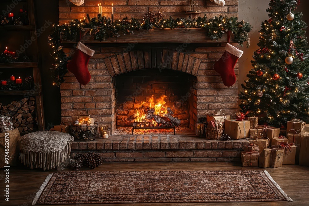 cozy fireplace adorned with festive garland and stockings warm glow illuminating rustic living room christmas tree twinkling in background cozy fireplace adorned with festive garland and stockings warm glow illuminating rustic living room christmas tree twinkling in background