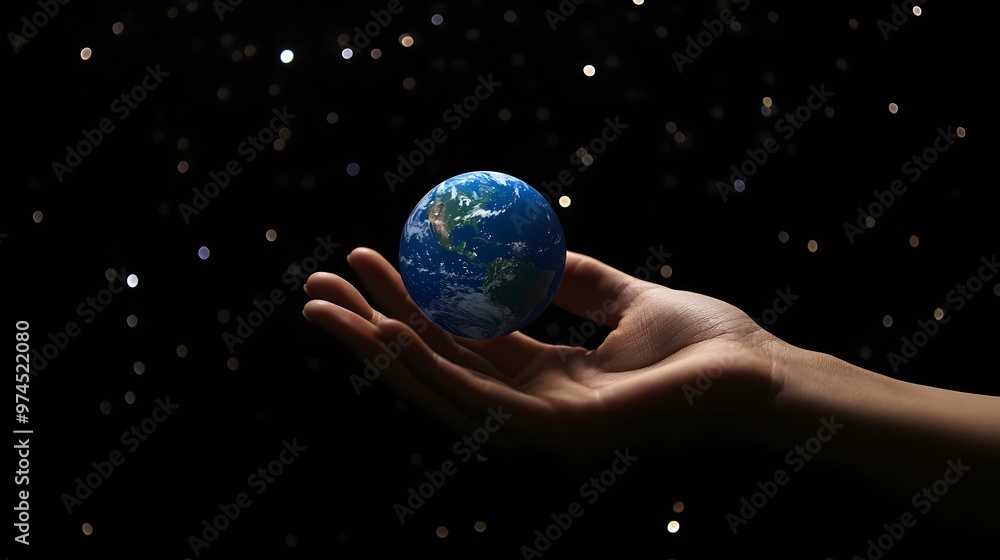 Hand Balancing Earth on Fingertips: A hand balancing the Earth delicately on the fingertips, against a black background dotted with stars.
Hand Balancing Earth on Fingertips: A hand balancing the Earth delicately on the fingertips, against a black background dotted with stars.