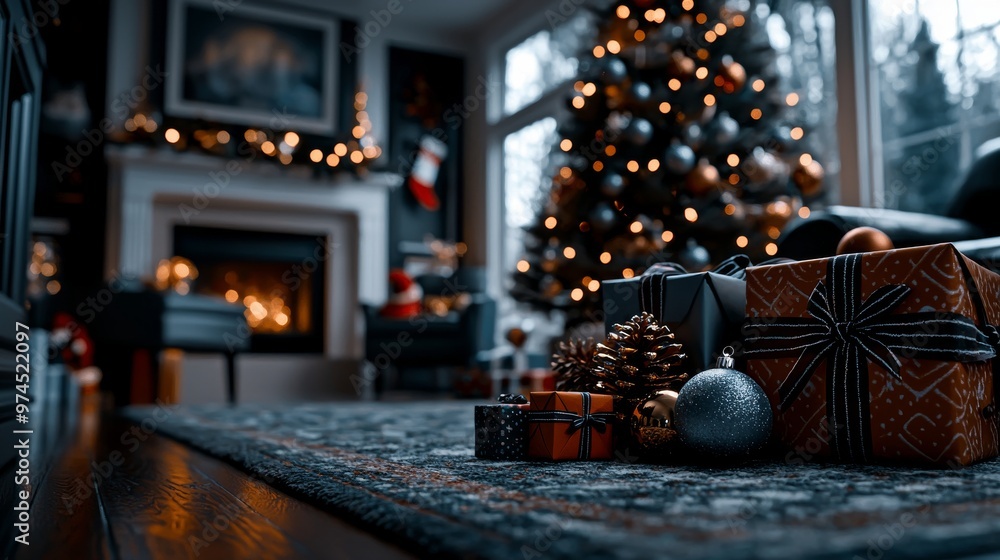 Christmas Presents Under Decorated Tree With Fireplace Christmas Presents Under Decorated Tree With Fireplace