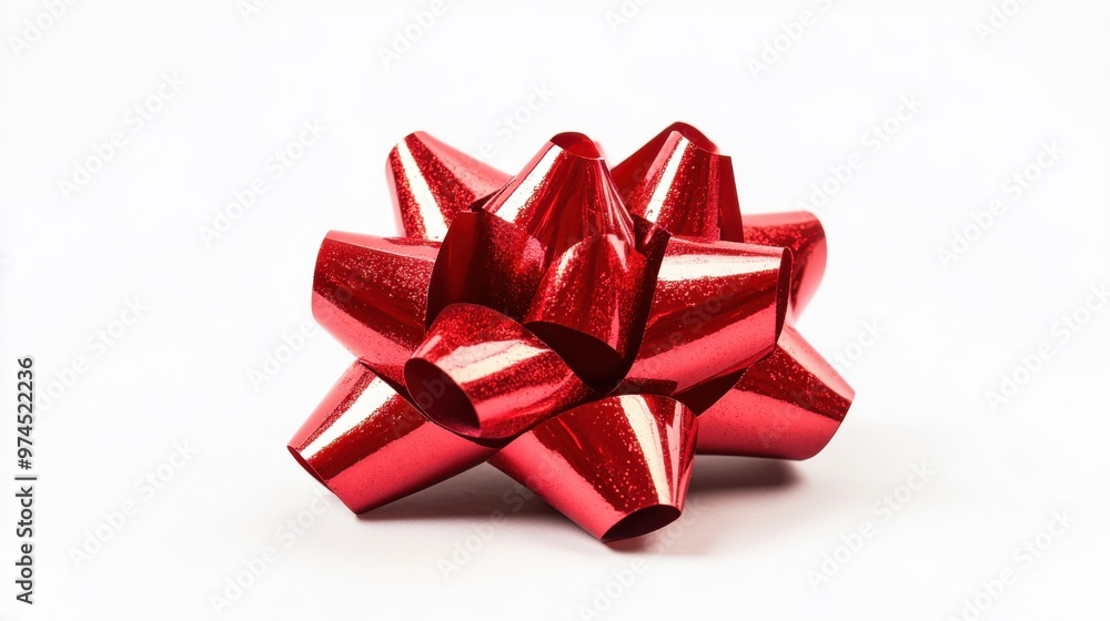 Bright red gift bow placed against a clean white background, emphasizing its shiny surface and unique design during the holiday season Bright red gift bow placed against a clean white background, emphasizing its shiny surface and unique design during the holiday season