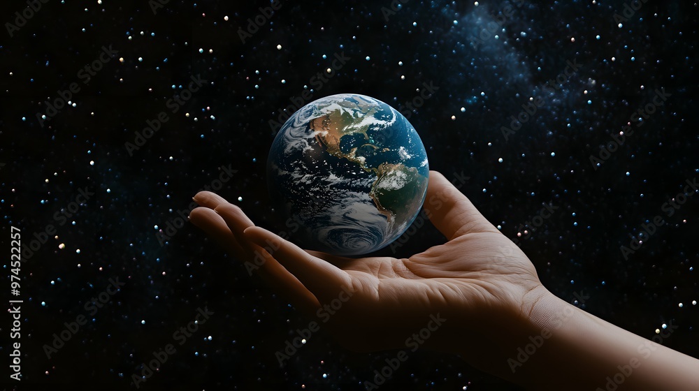 Hand Balancing Earth on Fingertips: A hand balancing the Earth delicately on the fingertips, against a black background dotted with stars.
Hand Balancing Earth on Fingertips: A hand balancing the Earth delicately on the fingertips, against a black background dotted with stars.
