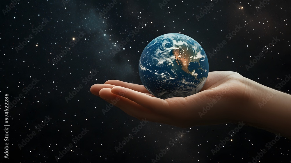 Hand Balancing Earth on Fingertips: A hand balancing the Earth delicately on the fingertips, against a black background dotted with stars.
Hand Balancing Earth on Fingertips: A hand balancing the Earth delicately on the fingertips, against a black background dotted with stars.