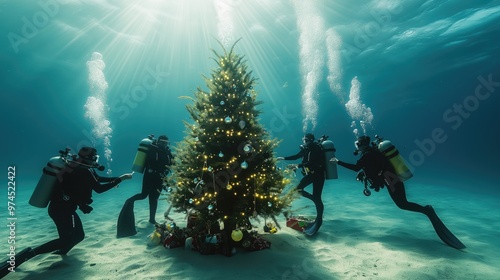 Scuba divers placing ornaments on an illuminated Christmas tree in underwater festive scene