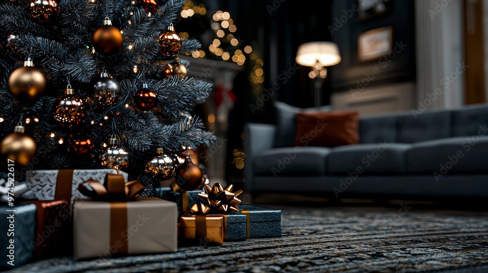 Christmas Tree with Gifts and Lights in Cozy Living Room Christmas Tree with Gifts and Lights in Cozy Living Room