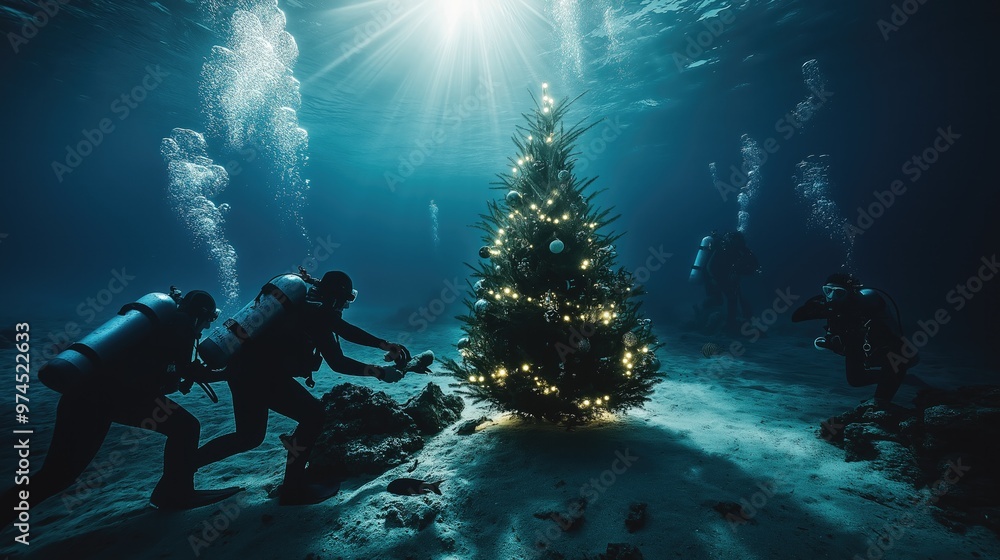 Fototapeta premium Underwater divers decorating a Christmas tree with lights in deep ocean holiday celebration