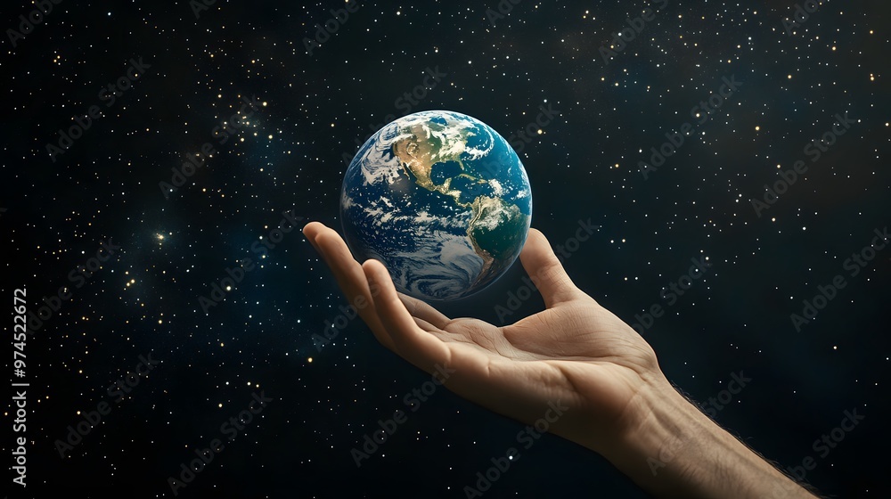Hand Balancing Earth on Fingertips: A hand balancing the Earth delicately on the fingertips, against a black background dotted with stars.
Hand Balancing Earth on Fingertips: A hand balancing the Earth delicately on the fingertips, against a black background dotted with stars.