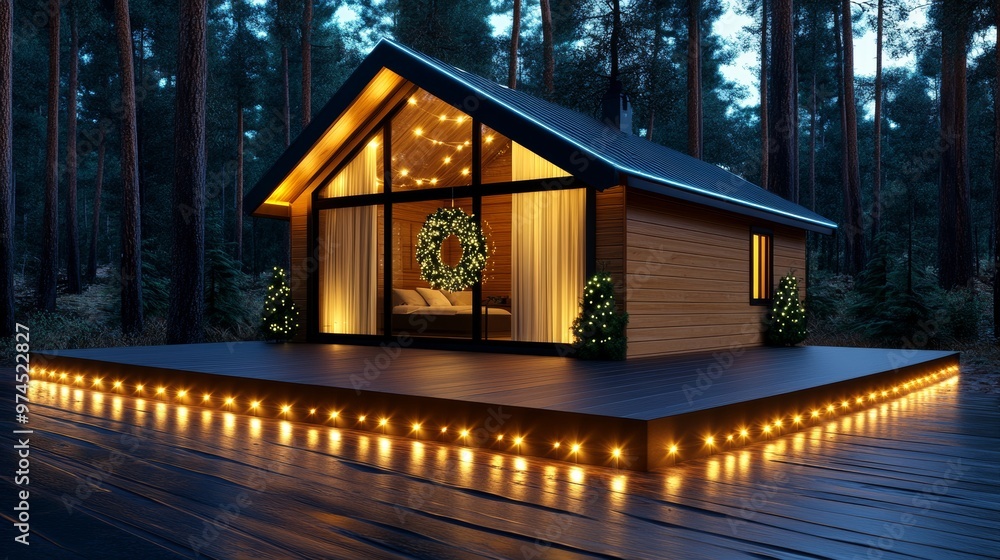 Fototapeta premium Cozy Cabin in the Woods with Christmas Lights and Wreath