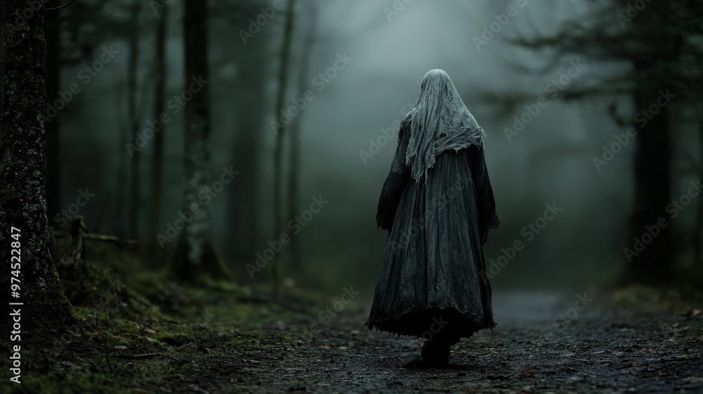 Mysterious Figure Walking Through Foggy Forest Path