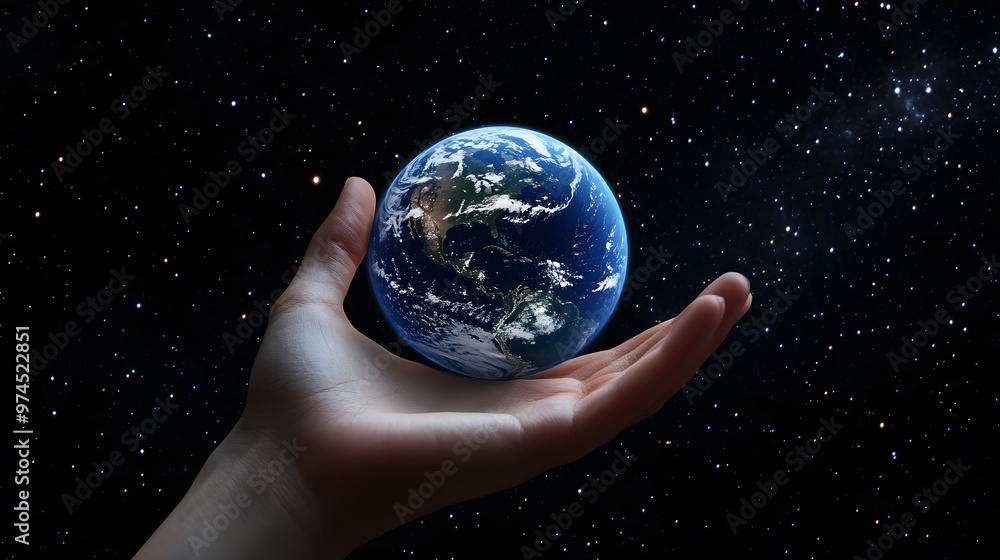 Hand Balancing Earth on Fingertips: A hand balancing the Earth delicately on the fingertips, against a black background dotted with stars.
Hand Balancing Earth on Fingertips: A hand balancing the Earth delicately on the fingertips, against a black background dotted with stars.