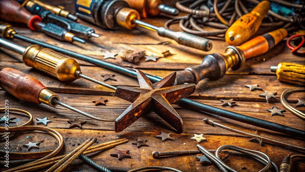 A worn, rusty, and well-used star-tip screwdriver lies on a cluttered workshop table surrounded by scattered tools and scraps of wire. A worn, rusty, and well-used star-tip screwdriver lies on a cluttered workshop table surrounded by scattered tools and scraps of wire.