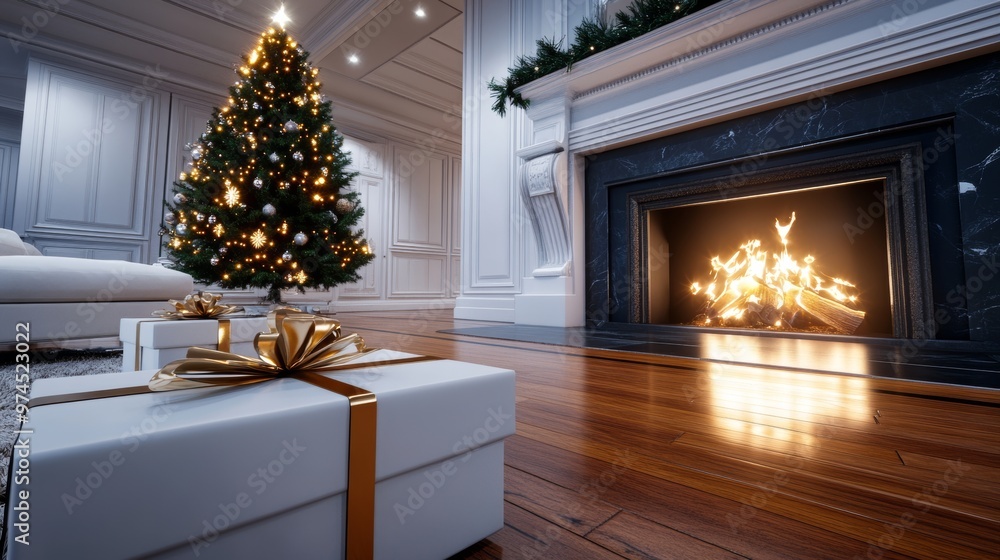Christmas Presents Under Decorated Tree by Fireplace Christmas Presents Under Decorated Tree by Fireplace