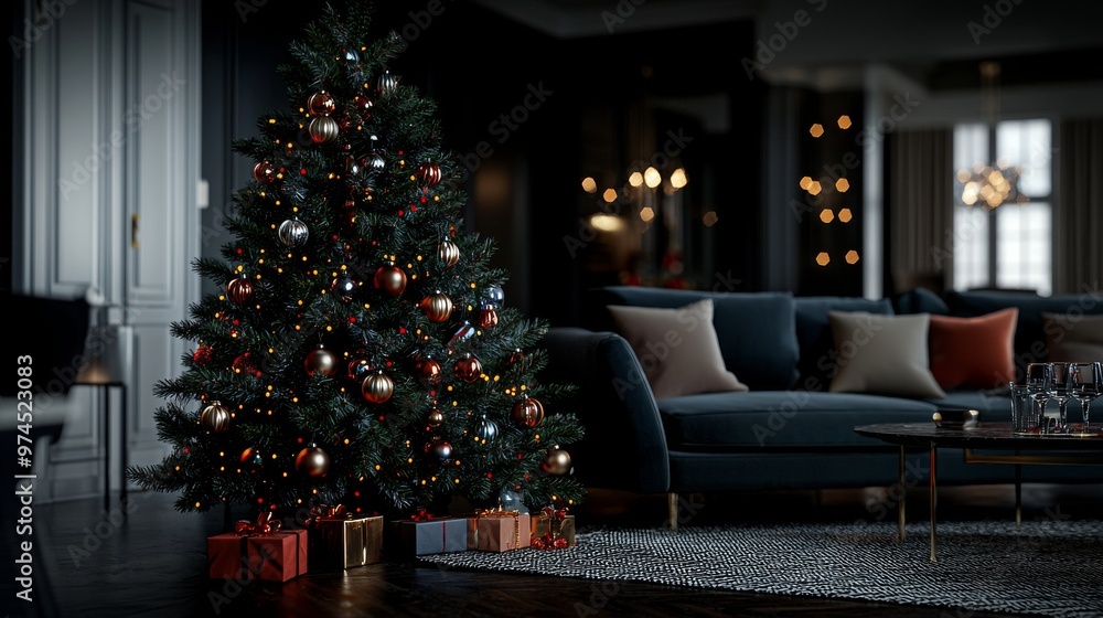 Christmas Tree in Elegant Living Room with Gifts and Decor Christmas Tree in Elegant Living Room with Gifts and Decor