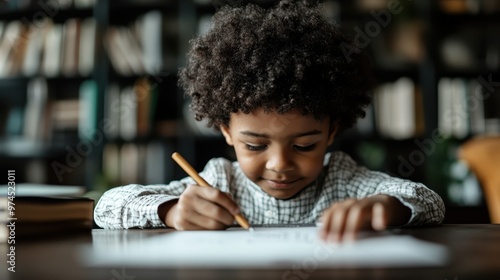 A young child with curly hair is focused on drawing with a pencil in a comfortable library environment, surrounded by shelves filled with books.