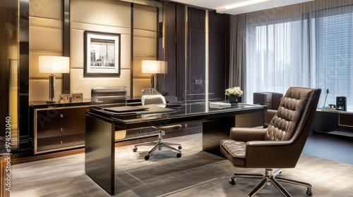 A spacious modern office with a large glass desk and a high-end leather chair, surrounded by contemporary