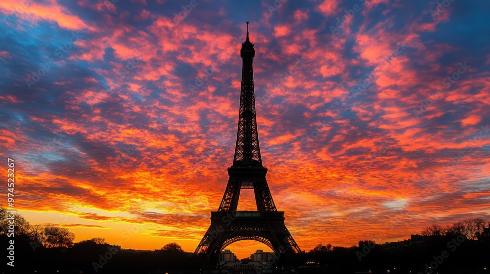Obraz premium The Eiffel Tower against a dramatic sunset sky, with warm hues creating a striking contrast with the dark silhouette of the landmark