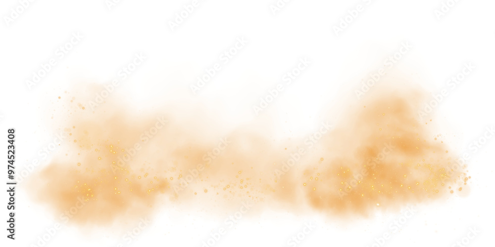Fototapeta premium Fantastic yellow smoke background. Magic yellow smoke with glitter and small particles of twinkling stars. Fog with luminous particles. Yellow vapor with stardust. Morning fog over land or water surfa
