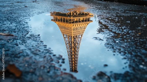 The Eiffel Tower reflected in a nearby puddle after rain, creating a mirrored image of the iconic structure on the wet surface photo