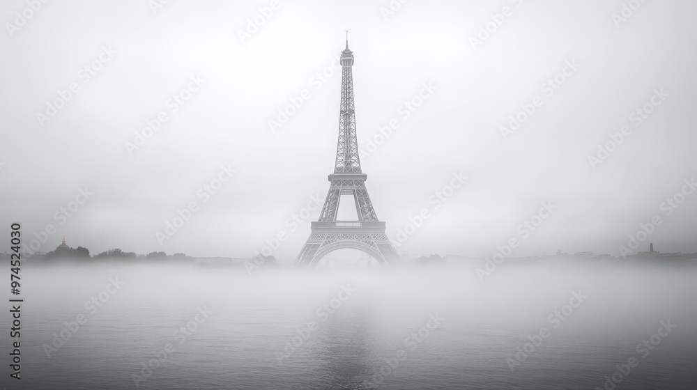 Naklejka premium The Eiffel Tower shrouded in fog, creating a mysterious and ethereal atmosphere as the landmark partially disappears into the mist