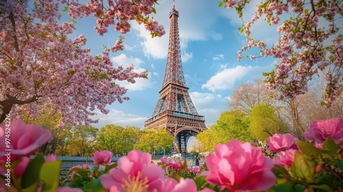 The Eiffel Tower surrounded by spring blossoms, with colorful flowers framing the landmark and adding a touch of natural beauty