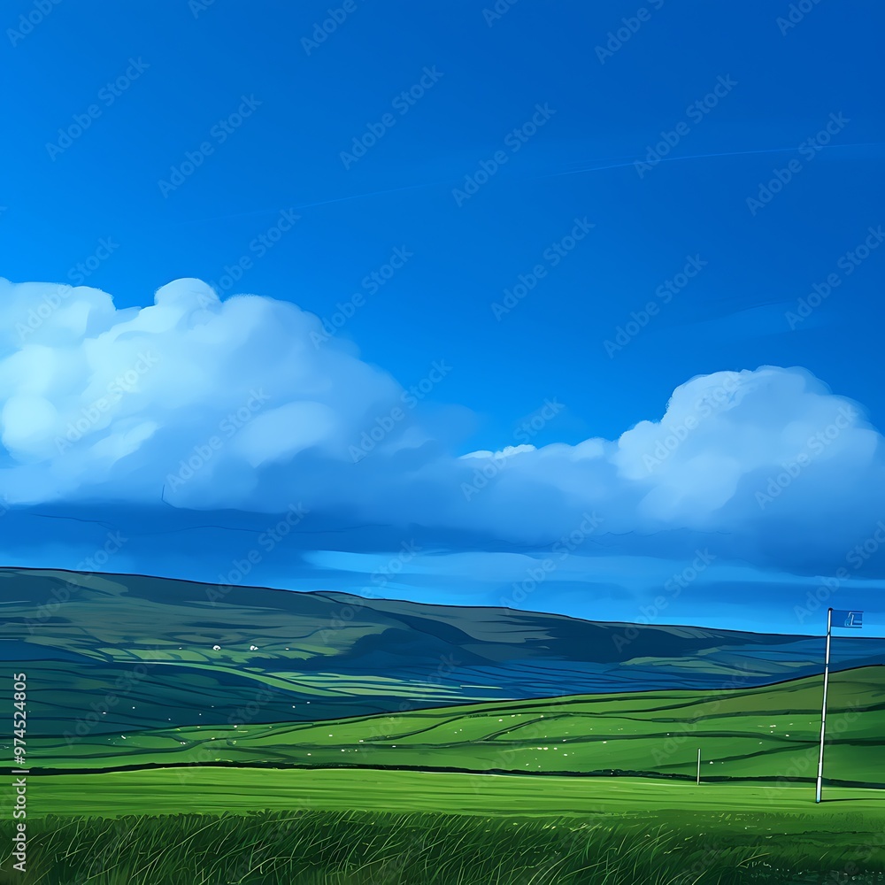 Obraz premium Rolling Green Hills Under a Blue Sky with White Clouds.
