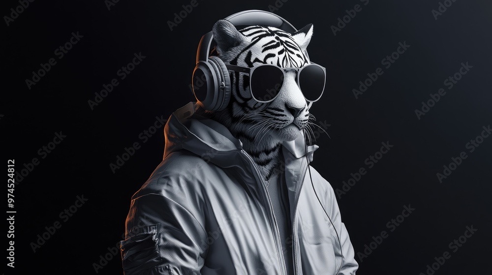 A tiger-headed figure dressed in a white jacket, with oversized headphones and sunglasses, standing on a monochrome black background. A tiger-headed figure dressed in a white jacket, with oversized headphones and sunglasses, standing on a monochrome black background.