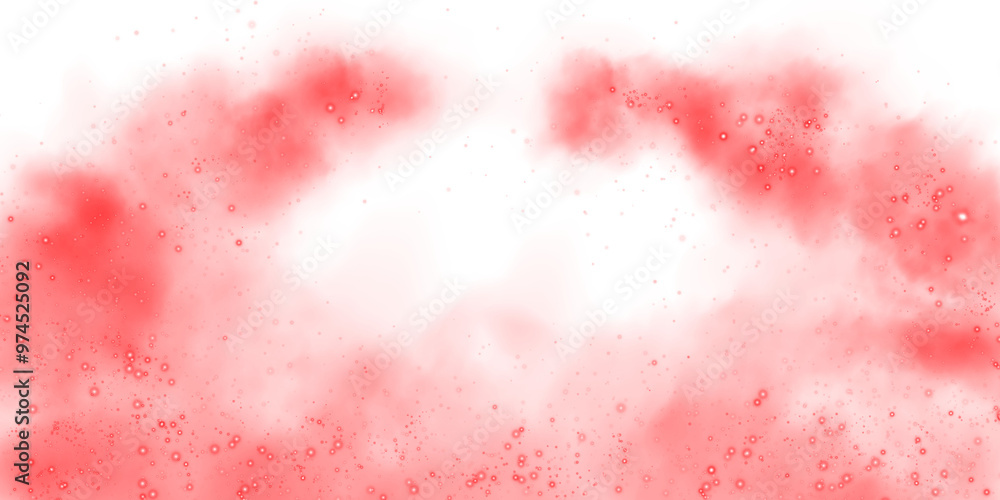 Fototapeta premium Fantastic red smoke background. Magic red smoke with glitter and small particles of twinkling stars. Fog with luminous particles. Red vapor with stardust. Morning fog over land or water surface, magic