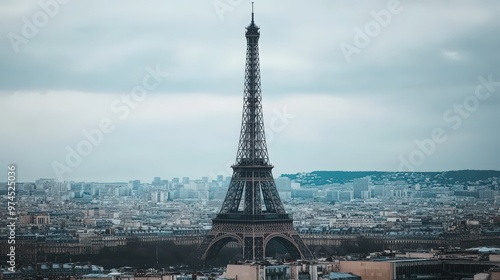 The Eiffel Tower with the Paris skyline in the background, showcasing its towering presence amidst the cityscape.
