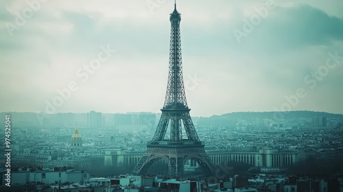 The Eiffel Tower with the Paris skyline in the background, showcasing its towering presence amidst the cityscape.