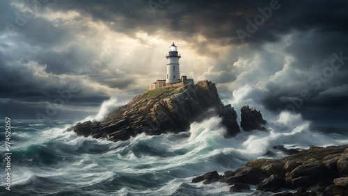 A lighthouse on a coast, in a stormy landscape with lightning illuminating.