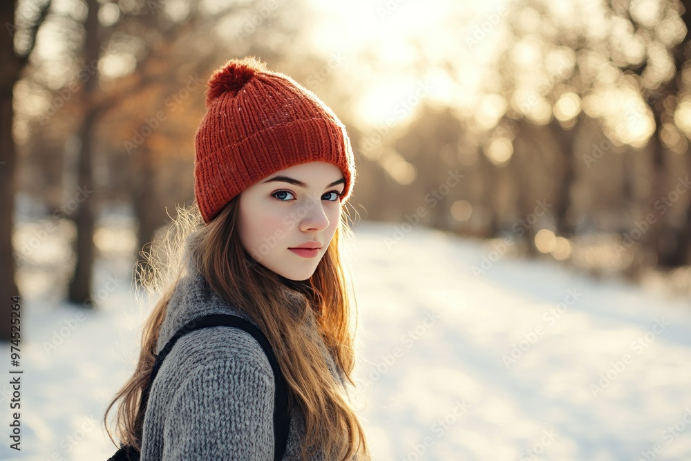 Young Woman in Red Knit Hat and Grey Sweater Standing in Snowy Landscape Young Woman in Red Knit Hat and Grey Sweater Standing in Snowy Landscape