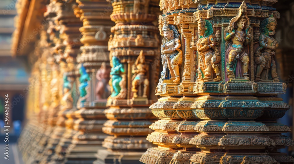 The elaborate carvings on a temple pillars and walls, depicting intricate patterns and religious symbols The elaborate carvings on a temple pillars and walls, depicting intricate patterns and religious symbols